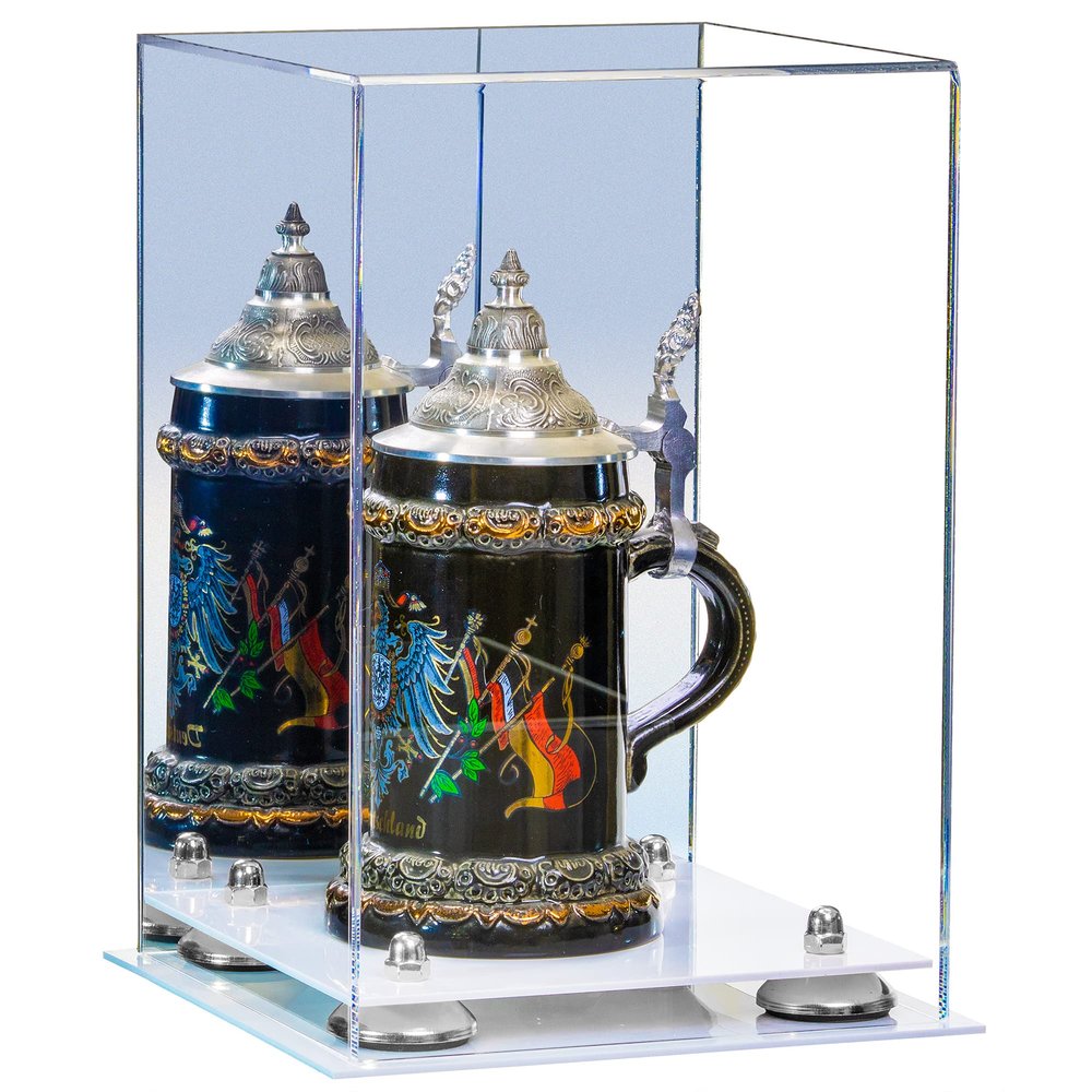 Better Display Cases Acrylic Versatile Display Case Display Case - Medium Square Box with Mirror Case, Silver Risers and White Base 8" x 8" x 12" (V42/A060)