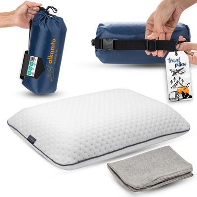 alkamto Travel & Camping Comfortable Memory Foam Pillow Easy to Carry Portable Bag Temperature Regulating Pillow Case (White + Extra Cover)