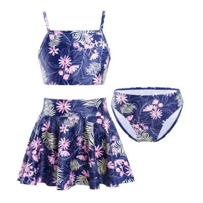 Kaerm Kids Girls 3Pcs Bikini Tankini Set Swimsuit Floral Print Rash Guard Bathing Suit Swimwear Navy Blue Floral 4 Years