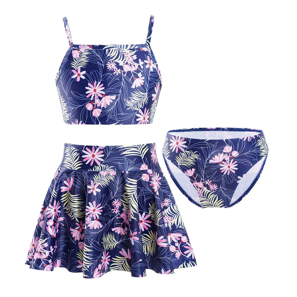 Kaerm Kids Girls 3Pcs Bikini Tankini Set Swimsuit Floral Print Rash Guard Bathing Suit Swimwear Navy Blue Floral 4 Years