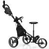 GYMAX Golf Push Cart, Foldable 3-Wheel Height Adjustable Lightweight Caddy Cart with Umbrella Holder, Hydraulic Seat, Storage Bag & Cup Holder, Golf Trolley for Club (Gray) view 1