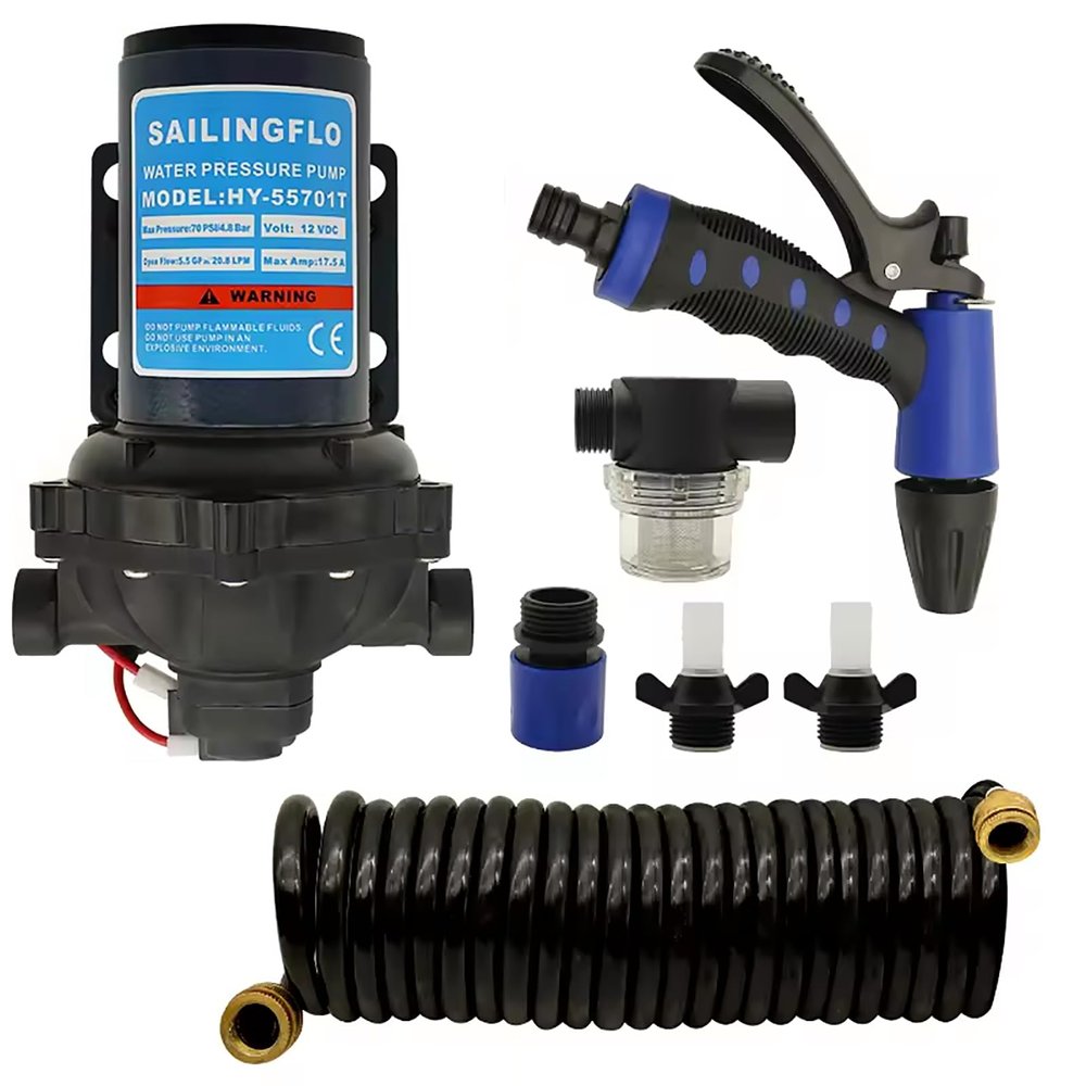 Sailingflo Washdown Kit Deck Wash Pump - 5.5 GPM, 70 PSI, 12V, Self-priming 5 Chamber Diaphragm Water Pressure Pump with 1/2 Inch FNPT Ports for Marine, RV, Boat, Yacht, Car, Mini Motor