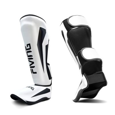 FIVING MMA Martial Arts Shin Guards  Padded, Adjustable Muay Thai Leg Guards with Instep Protection for Kickboxing/MMA Training and Sparring  Durable, Professional MMA Equipment (White, Small)