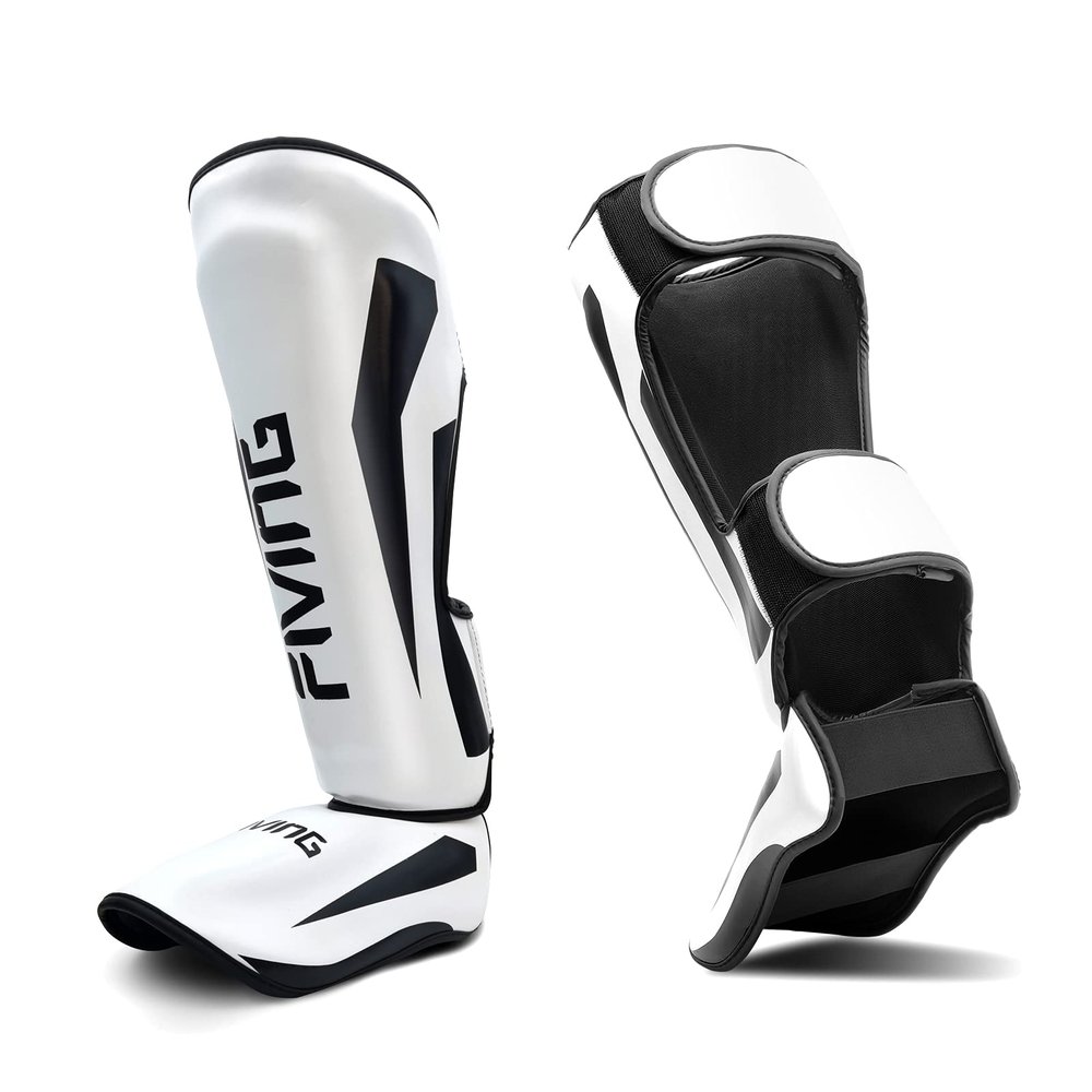 FIVING MMA Martial Arts Shin Guards Padded, Adjustable Muay Thai Leg Guards with Instep Protection for Kickboxing/MMA Training and Sparring Durable, Professional MMA Equipment (White, Small)