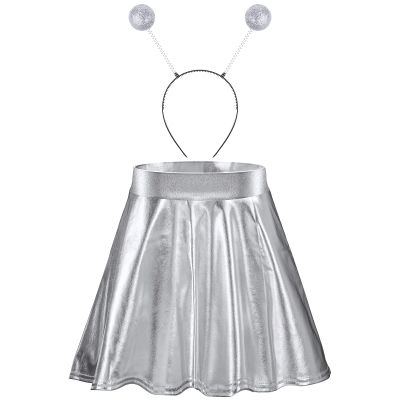 Sintege Halloween Alien Headband and Metallic Flared Pleated Skater Skirt for Costumes Supplies(Large Skirt,Silver)