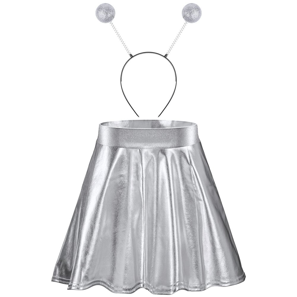 Sintege Halloween Alien Headband and Metallic Flared Pleated Skater Skirt for Costumes Supplies(Large Skirt,Silver)