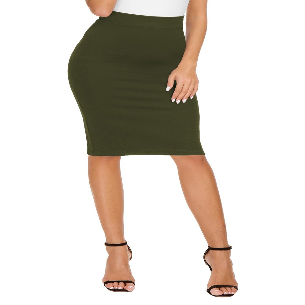 EXCHIC Women's High Waist Bodycon Pencil Skirt Stretchy Knee Length Midi Skirts for Busines Casual (Army Green, Small)