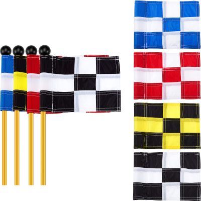4 Pieces Checkered Golf Flag with Tube Inserted Putting Green Flags, 9 L x 6 H Inch, Nylon Mini Pin Flags for Yard Outdoor Home Backyard Garden Portable Training Practicing Golf Target Flags