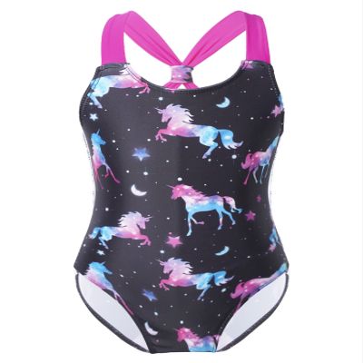 Moily Kids Girls One Piece Horse Printed Swimsuits Criss Cross Back Swimwear Beach Sport Bathing Suit Darkblack 12