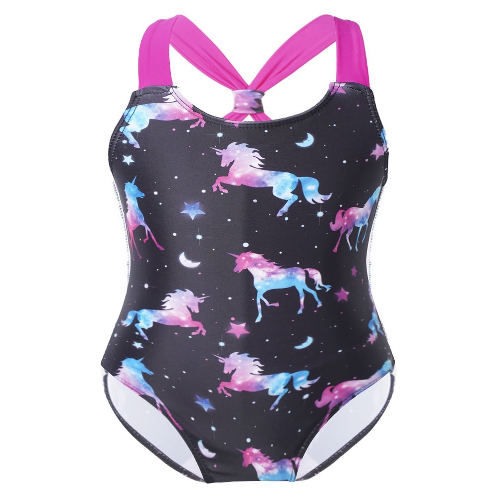 Moily Kids Girls One Piece Horse Printed Swimsuits Criss Cross Back Swimwear Beach Sport Bathing Suit Darkblack 12