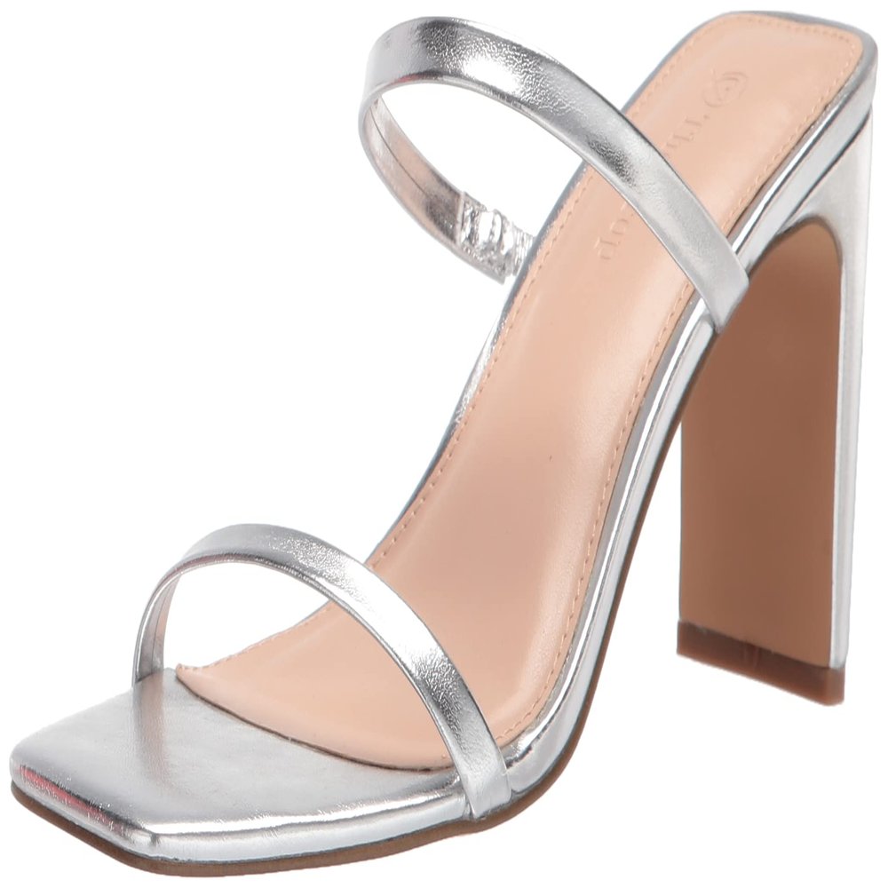 The Drop Women's Avery Square Toe Two Strap High Heeled Sandal, Silver, 5.5