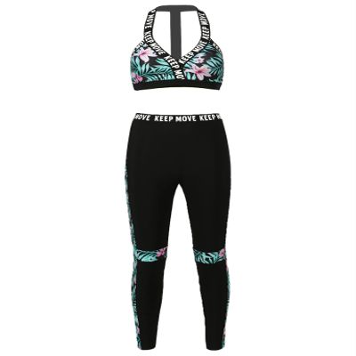 Moggemol Womens 2Pcs High Waist Yoga Outfits Print Workout Leggings Halter Crop Top Gym Exercise Sportswear Prasinous-lily XX-Large