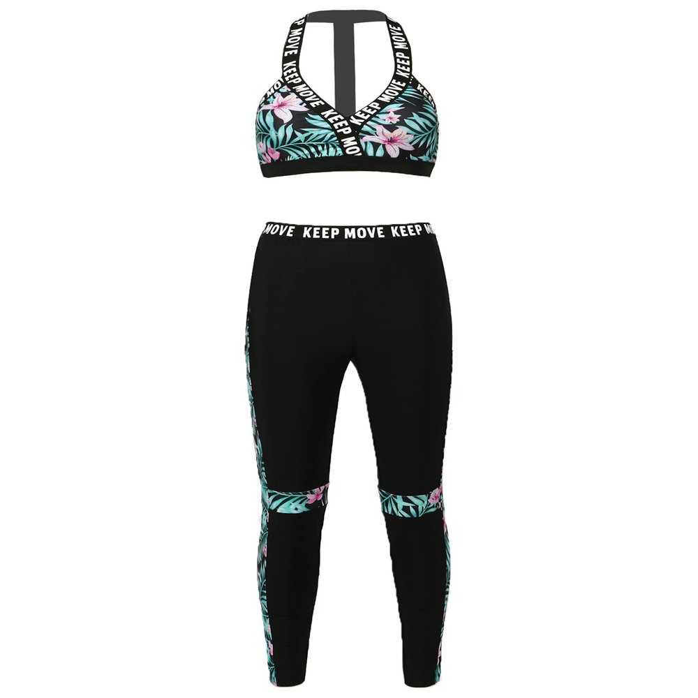 Moggemol Womens 2Pcs High Waist Yoga Outfits Print Workout Leggings Halter Crop Top Gym Exercise Sportswear Prasinous-lily XX-Large