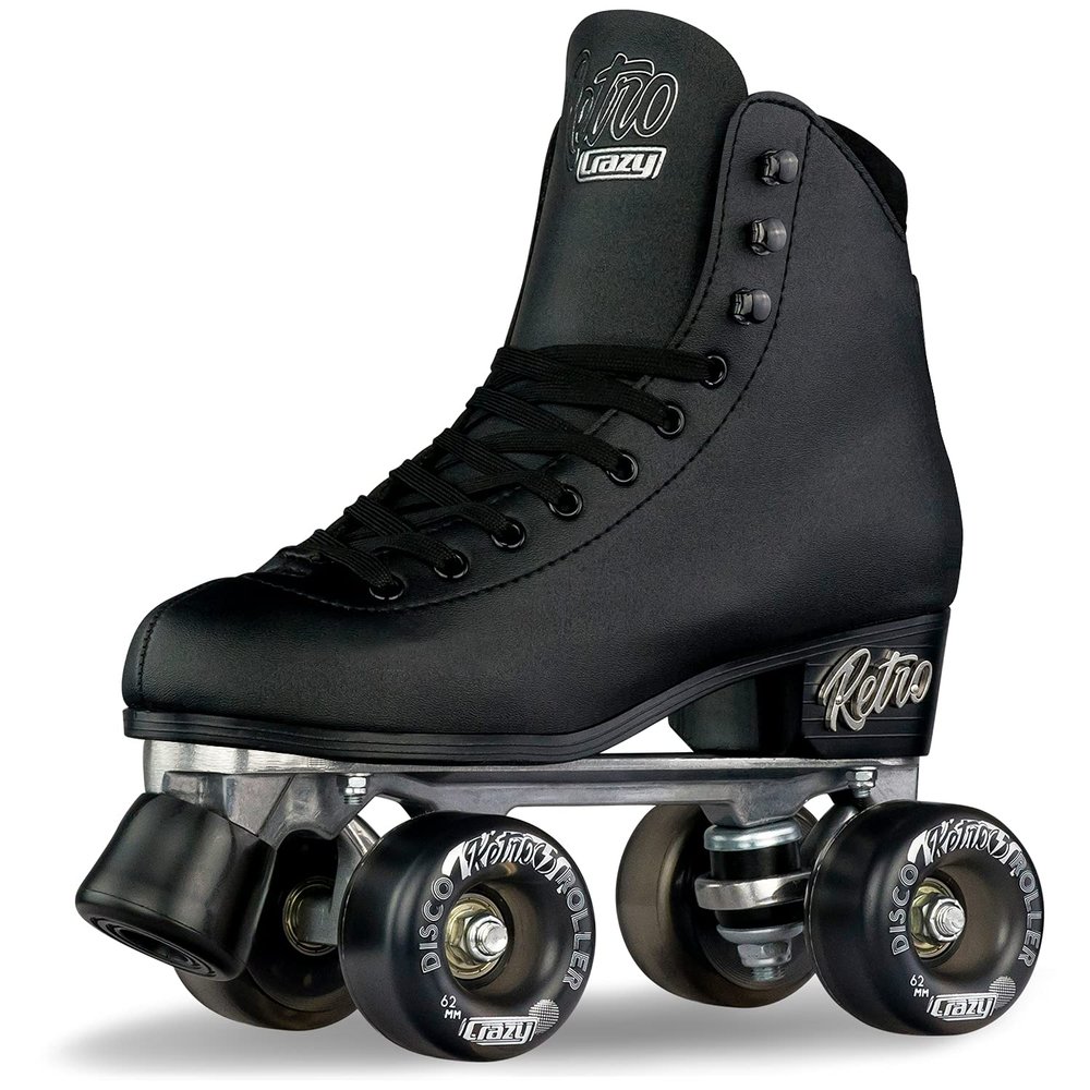 Crazy Skates Retro Roller Skates | Adjustable or Fixed Sizes | Classic Quad Skates for Women and Girls - Black (Size: Mens 11 / Womens 12)