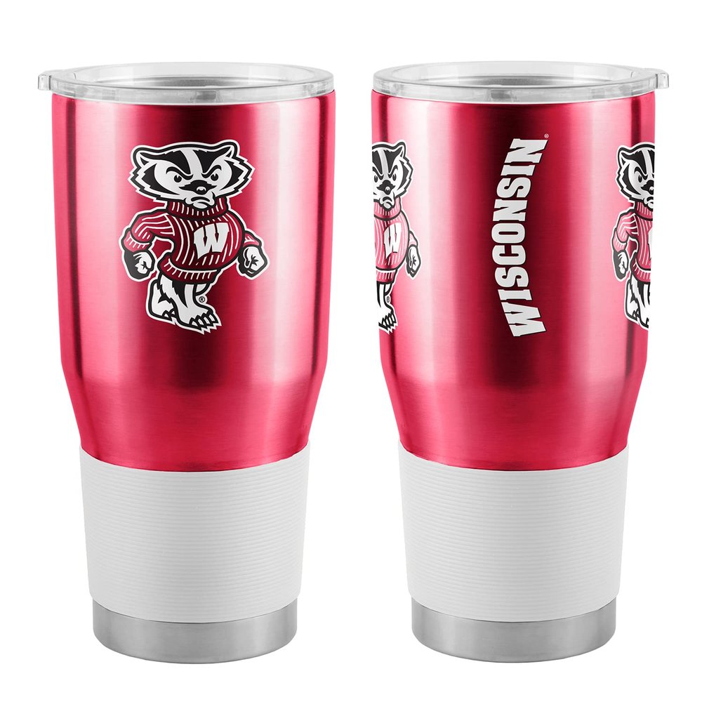 Logo Brands NCAA Wisconsin Badgers - 30oz Gameday Stainless Steel Tumbler, Double-Wall Vacuum Insulated, Slider Lid, Ergonomic Design, Silicone Grip