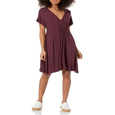 Amazon Essentials Women's Surplice Dress (Available in Plus Size), Burgundy, Small