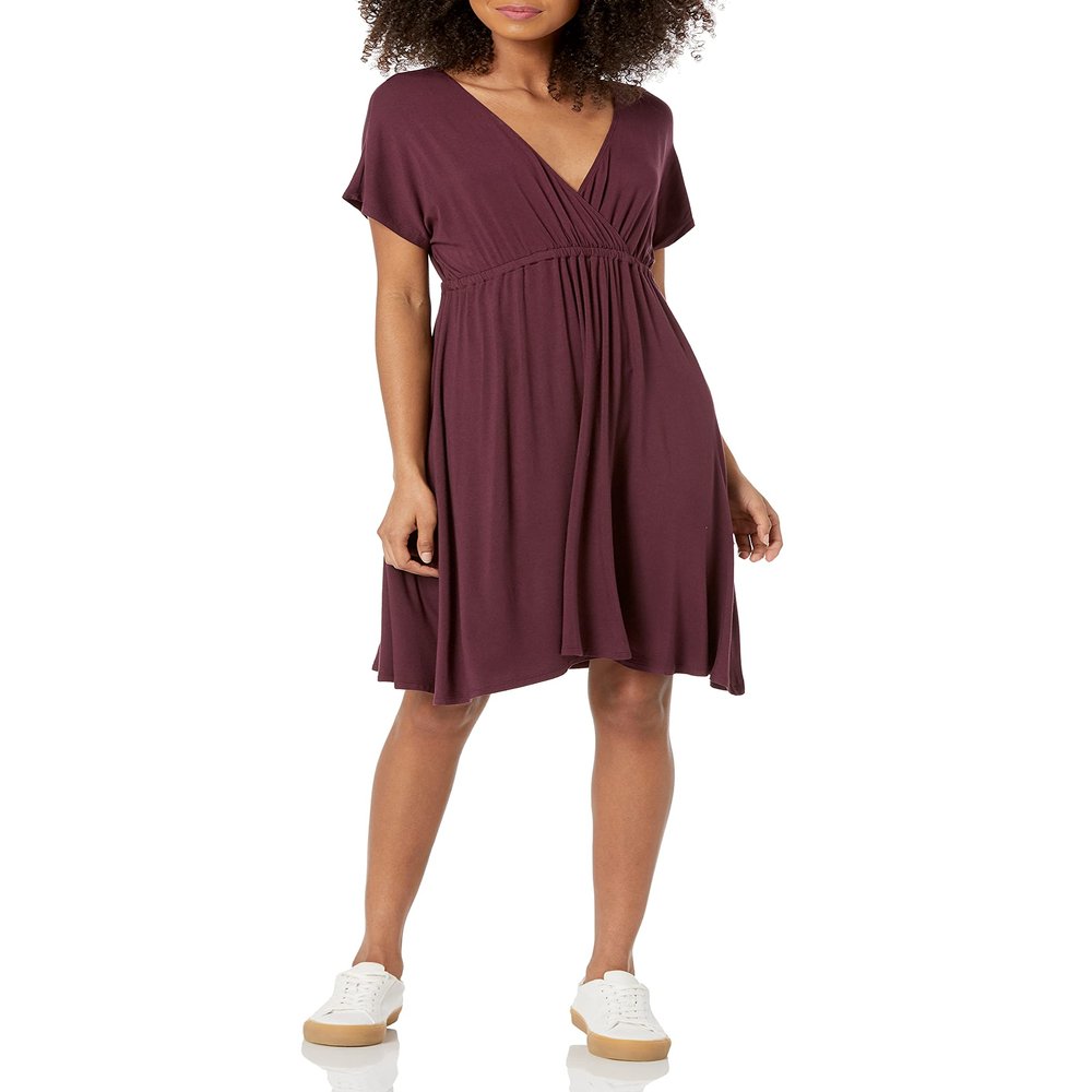 Amazon Essentials Women's Surplice Dress (Available in Plus Size), Burgundy, Small
