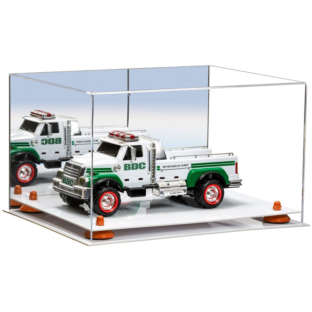 Better Display Cases Acrylic Versatile Display Case Display Case - Medium Square Box with Mirror Case, Orange Risers and White Base 15.25" x 12" x 9" (V13/A082)