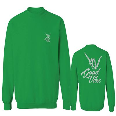 0153. Good Vibe Society Bones Hand Shaka Cool Vintage Graphic Men's Crewneck Sweatshirt (Irish Green Small)