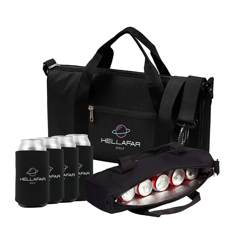 Hellafar Golf Golf Bag Cooler- Golf Cart Cooler with Adjustable Shoulder Strap - Fits 6 12-Ounce Cans or Two 750ml Bottles - Includes Four Can Cooler Sleeves