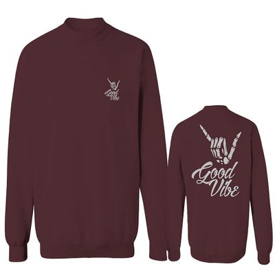 0153. Good Vibe Society Bones Hand Shaka Cool Vintage Graphic Men's Crewneck Sweatshirt (Maroon X-Large)