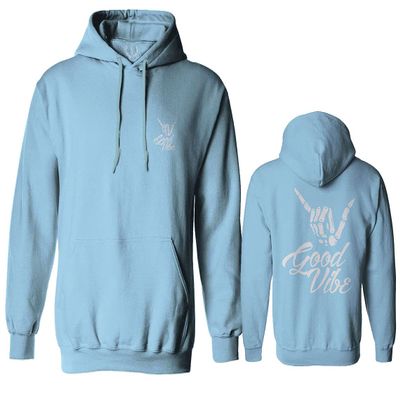 0153. Good Vibe Society Bones Hand Shaka Cool Vintage Graphic Sweatshirt Pullover Hoodie (Light Blue, Medium)