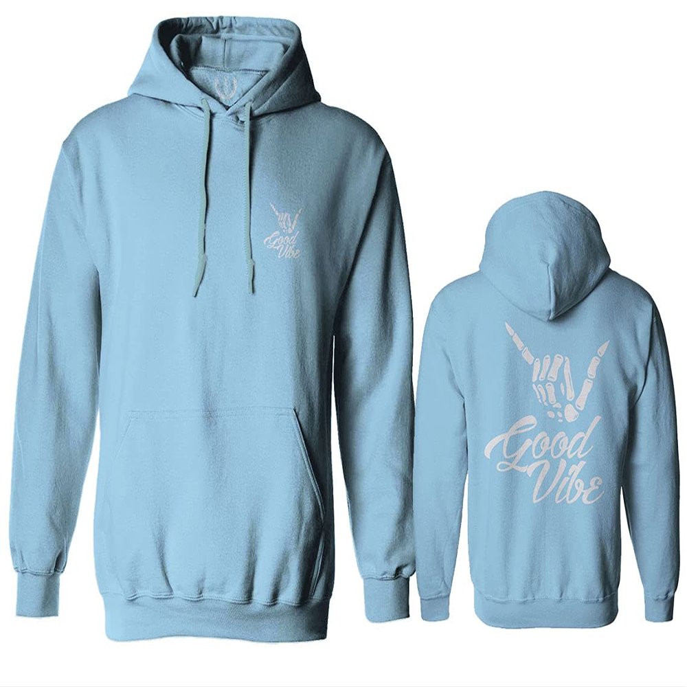 0153. Good Vibe Society Bones Hand Shaka Cool Vintage Graphic Sweatshirt Pullover Hoodie (Light Blue, Medium)