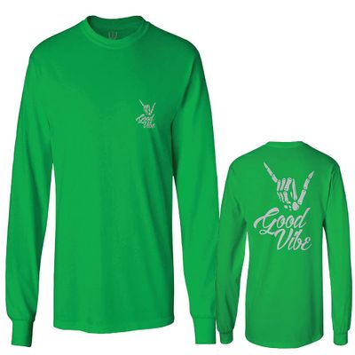 0153. Good Vibe Society Bones Hand Shaka Cool Vintage Graphic Men's Long Sleeve t Shirt (Irish Green 2X Large)