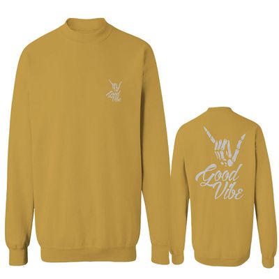 0153. Good Vibe Society Bones Hand Shaka Cool Vintage Graphic Men's Crewneck Sweatshirt (Gold Large)