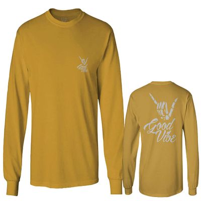 0153. Good Vibe Society Bones Hand Shaka Cool Vintage Graphic Men's Long Sleeve t Shirt (Gold 2X Large)