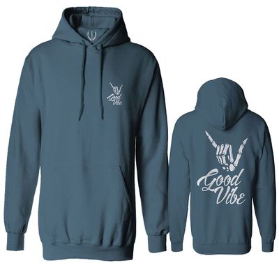 0153. Good Vibe Society Bones Hand Shaka Cool Vintage Graphic Sweatshirt Pullover Hoodie (Indigo Blue, Large)