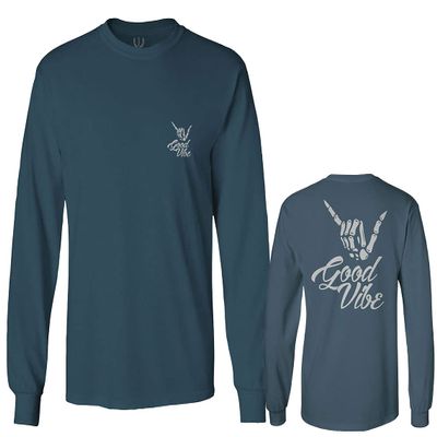 0153. Good Vibe Society Bones Hand Shaka Cool Vintage Graphic Men's Long Sleeve t Shirt (Indigo Blue X-Large)