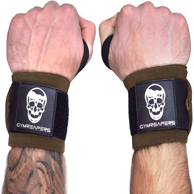 Gymreapers Wrist Wraps Weightlifting - Stiff Heavy Duty 18 inch Wraps with Thick Thumb Loop for Powerlifting, Bodybuilding, Cross Training, & Heavy Presses (Khaki, 18")