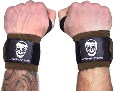 Gymreapers Wrist Wraps Weightlifting - Stiff Heavy Duty 18 inch Wraps with Thick Thumb Loop for Powerlifting, Bodybuilding, Cross Training, & Heavy Presses (Khaki, 12")