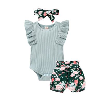 Tiny Cutey Baby Girl Clothes Infant Summer Outfits Set Ruffle Sleeve Romper and Floral Shorts with Headband (Sleeveless Blue, 0-3 Months)