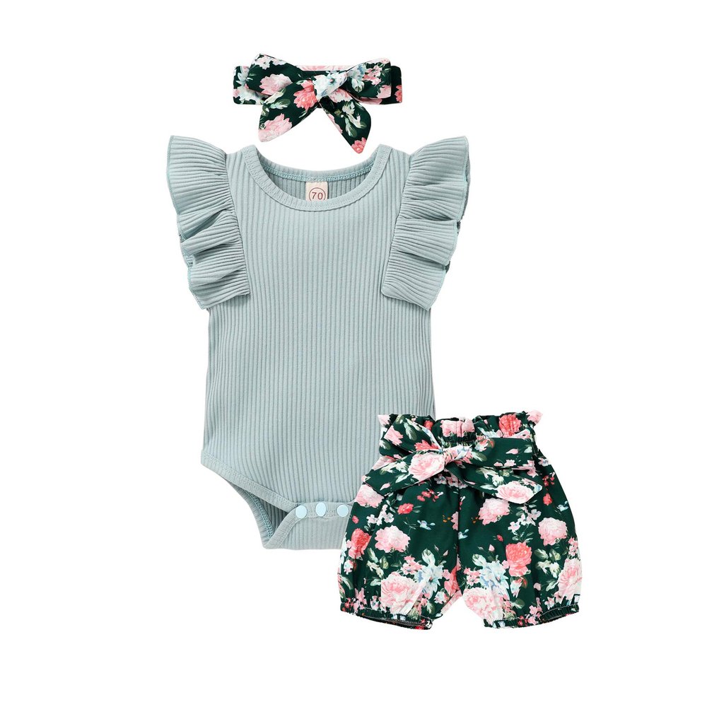 Tiny Cutey Baby Girl Clothes Infant Summer Outfits Set Ruffle Sleeve Romper and Floral Shorts with Headband (Sleeveless Blue, 0-3 Months)