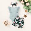Tiny Cutey Baby Girl Clothes Infant Summer Outfits Set Ruffle Sleeve Romper and Floral Shorts with Headband (Sleeveless Blue, 0-3 Months) view 3