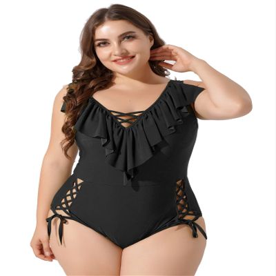 YONGHS Womens Deep V Sexy Swimsuit Plus Size Ruffle Swimwear One Piece Bathing Suits Monokini Black XX-Large