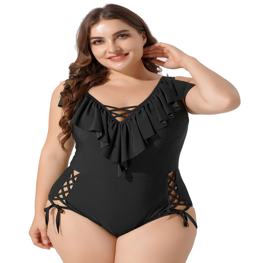 YONGHS Womens Deep V Sexy Swimsuit Plus Size Ruffle Swimwear One Piece Bathing Suits Monokini Black XX-Large