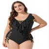 YONGHS Womens Deep V Sexy Swimsuit Plus Size Ruffle Swimwear One Piece Bathing Suits Monokini Black XX-Large view 2