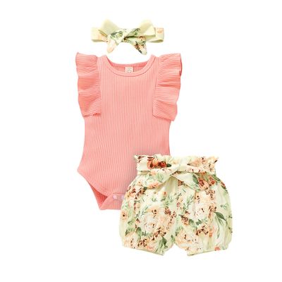 Tiny Cutey Baby Girl Clothes Infant Summer Outfits Set Ruffle Sleeve Romper and Floral Shorts with Headband (Sleeveless Bright Pink, 0-3 Months)