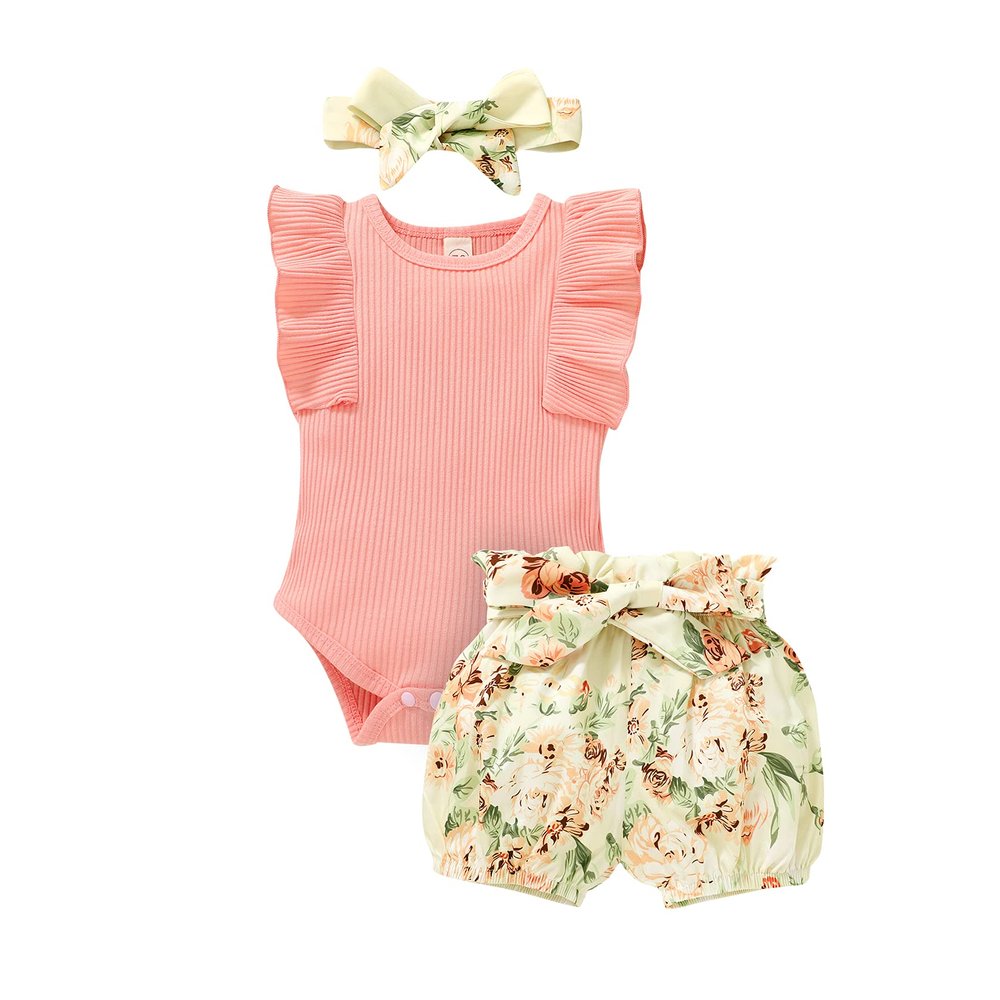 Tiny Cutey Baby Girl Clothes Infant Summer Outfits Set Ruffle Sleeve Romper and Floral Shorts with Headband (Sleeveless Bright Pink, 0-3 Months)