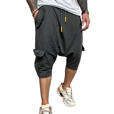 Familyhouse 3/4 Mens Hippie Pants Drop Crotch Harem Pants Genie Pants Mens Capri Cotton Baggy Shorts Wide Leg Trousers (Grey,XL)
