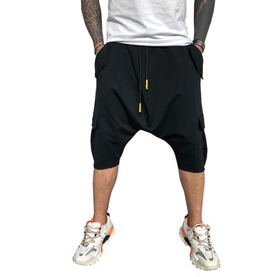 Familyhouse 3/4 Mens Hippie Pants Drop Crotch Harem Pants Genie Pants Mens Capri Cotton Baggy Shorts Wide Leg Trousers (Black,XXL)