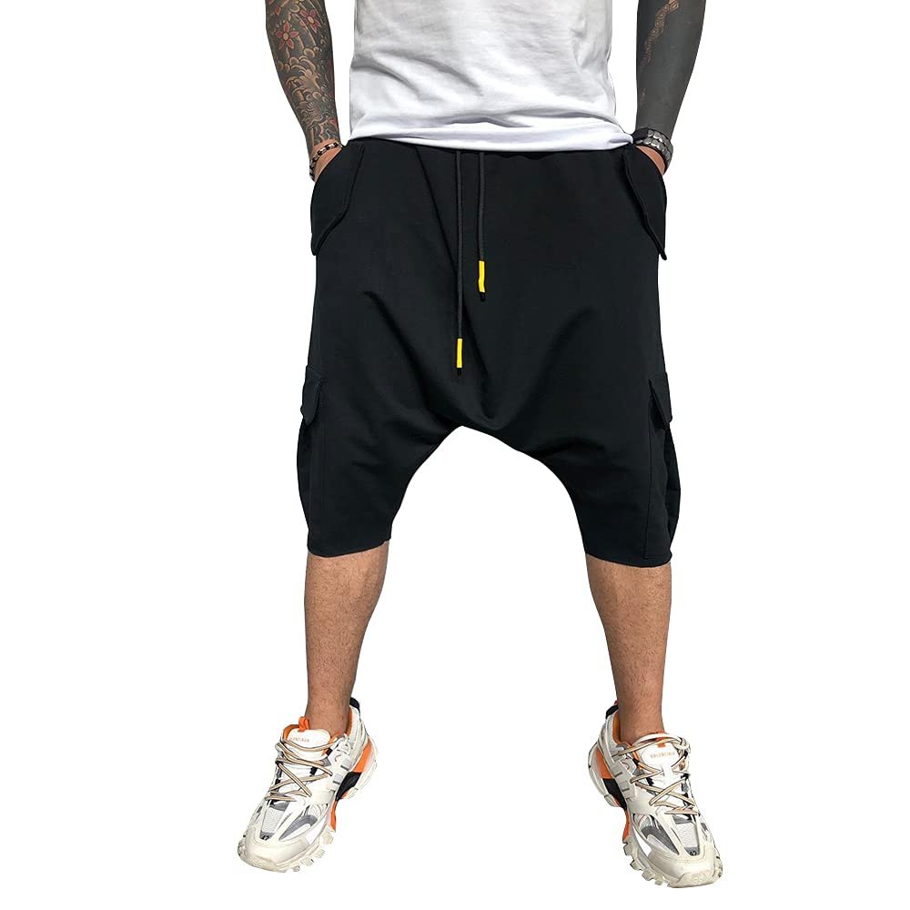 Familyhouse 3/4 Mens Hippie Pants Drop Crotch Harem Pants Genie Pants Mens Capri Cotton Baggy Shorts Wide Leg Trousers (Black,XXL)