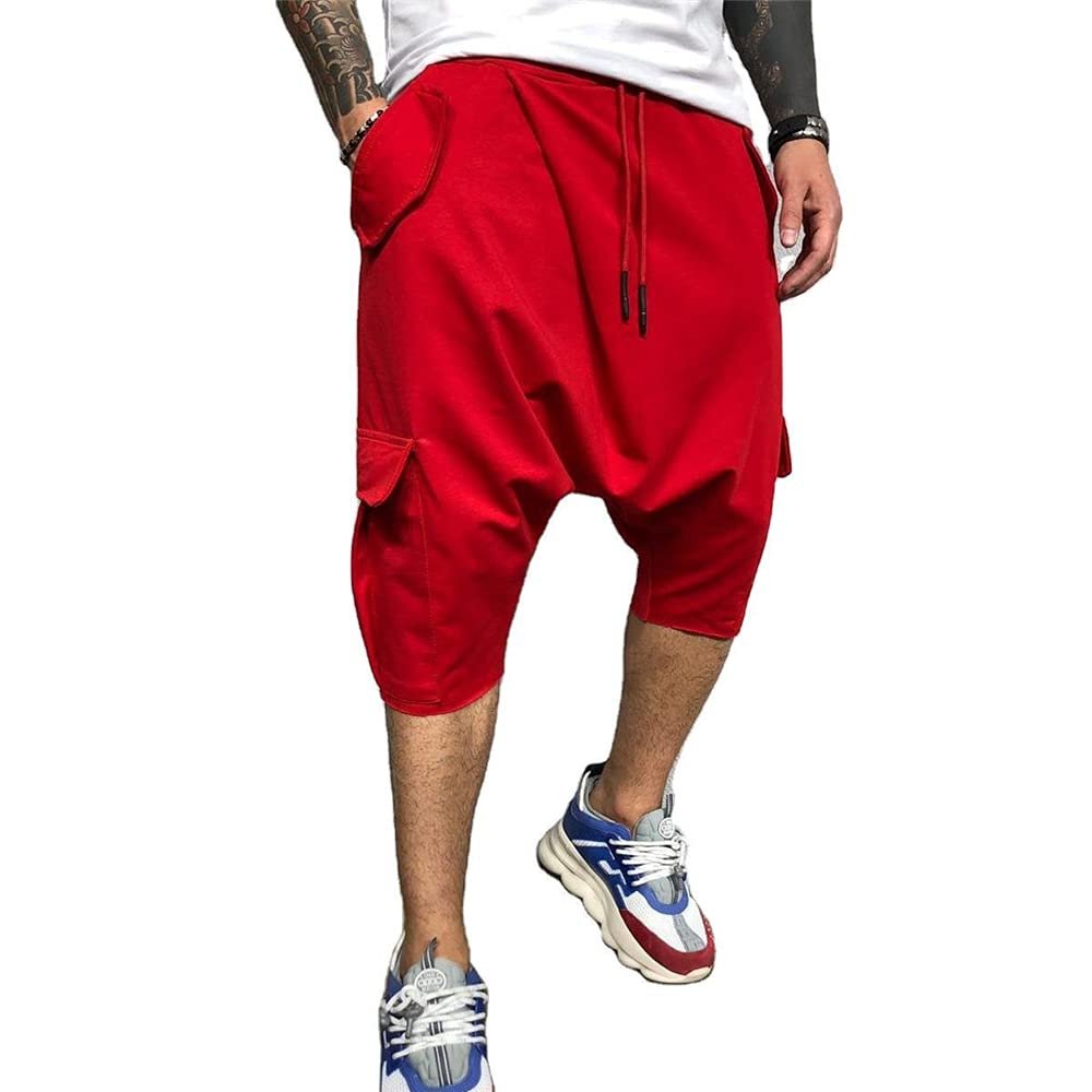 Familyhouse 3/4 Mens Hippie Pants Drop Crotch Harem Pants Genie Pants Mens Capri Cotton Baggy Shorts Wide Leg Trousers (Red,L)