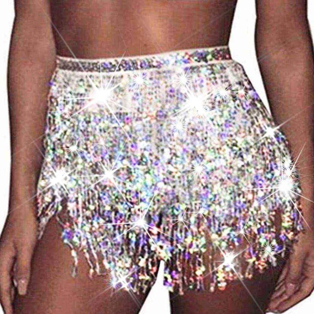 EARENT Silver Fringe Skirt Sequin Tassel Skirts New Year Eve Celebration Outfit Christmas Costume for Women