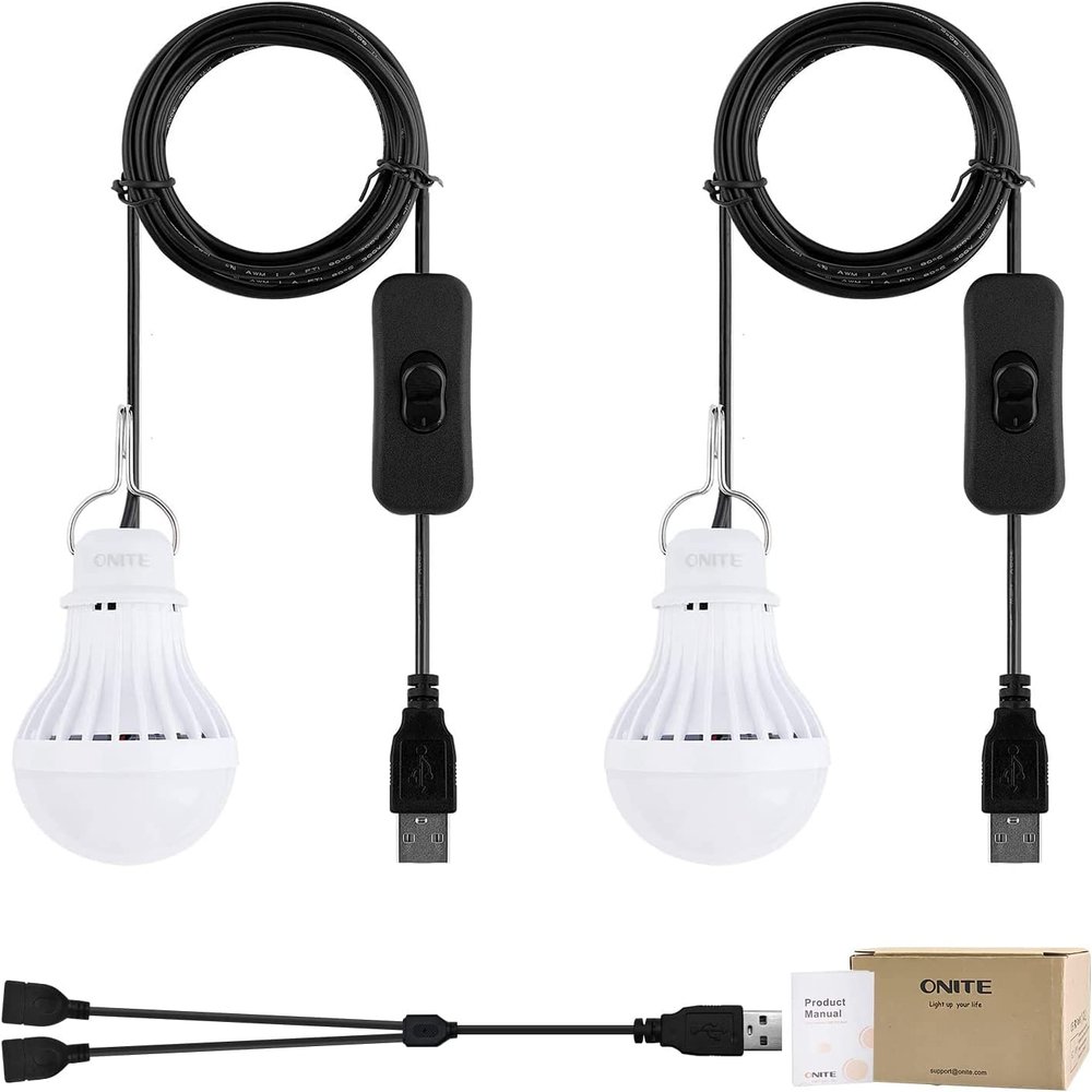 Onite USB LED Light Bulb, Emergency Backup Lighting for Camping, Garage, Power Outage Preparedness, for Portable Power Station & Solar Panel, Outdoor Lantern with Hook & 8.4ft Cord, Warm White (2)