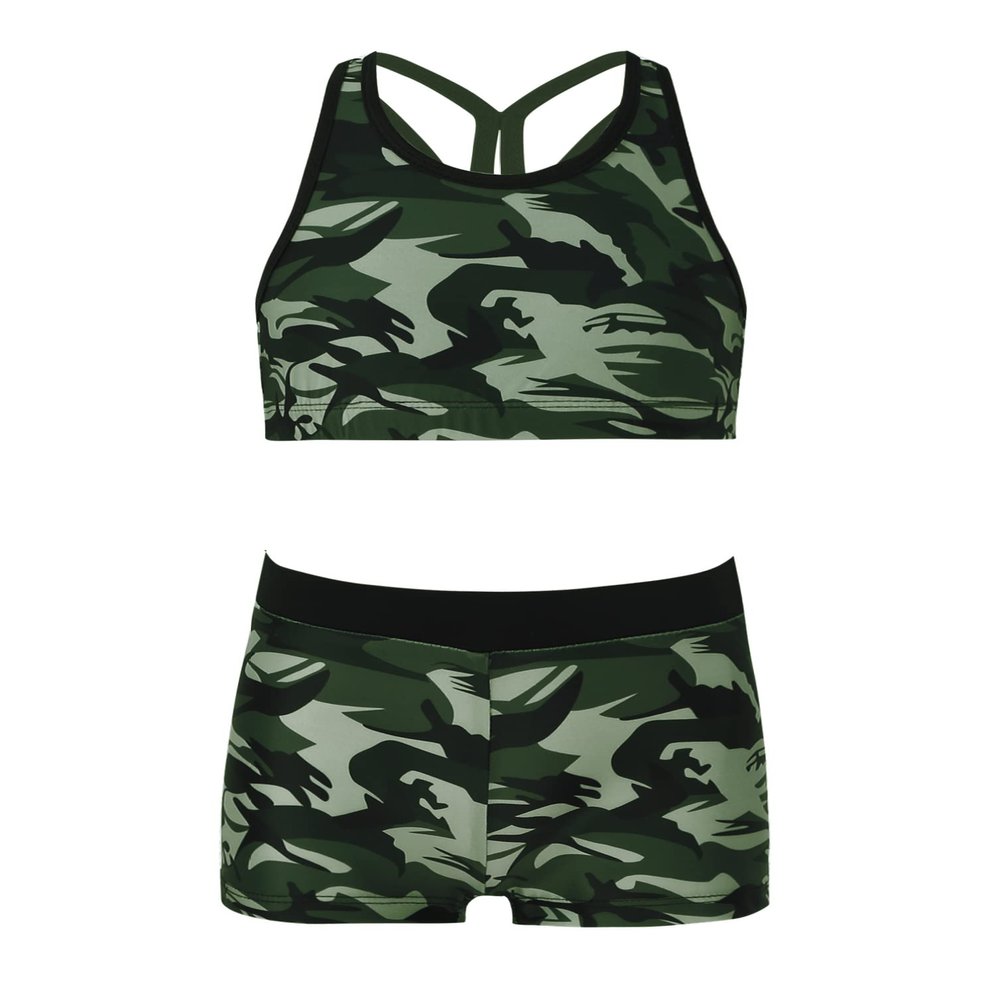 winying Kids Girls Printed Rash Guard Tankini Sport Crop Top + Swim Shorts Swimsuit Beach Summer Swimwear Camouflage Green 6 Years