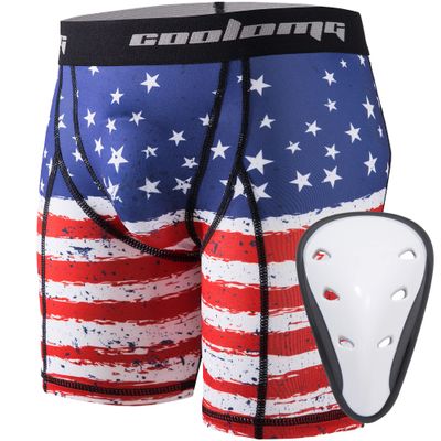 COOLOMG Boys Youth Compression Shorts with Athletic Cup for Baseball Football Hockey Lacrosse US Flag